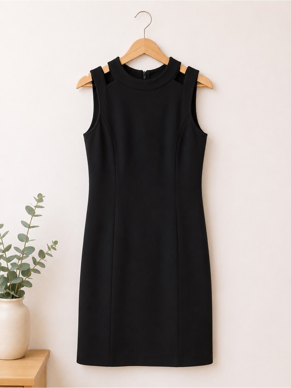 Katherine Barclay Black Ponte Sheath Dress Sleeveless Exposed Zip